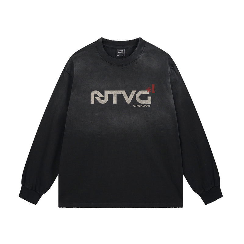 NTVG Acid Wash Long Sleeve Graphic T-Shirt – Distressed Logo Crew Neck