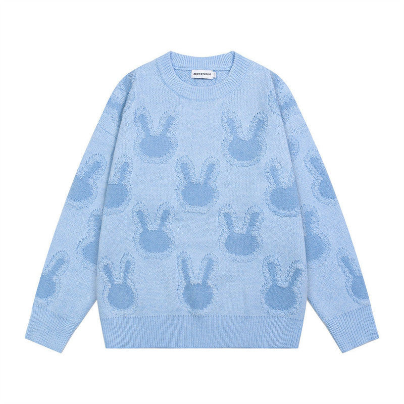 Light Pink Oversized Sweater – All-Over Bunny Jacquard Knit Pullover
