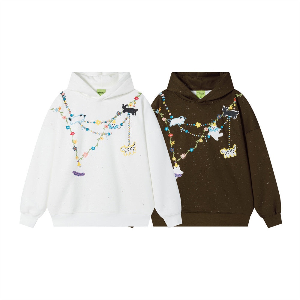 Cartoon Animal Chain Floral Graphic Oversized Hoodie – Inkjet Speckle Print