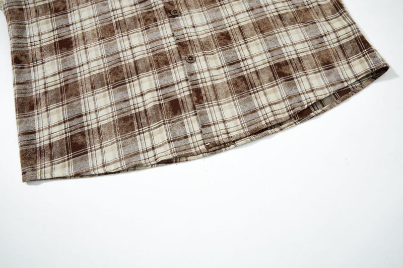 Plaid Flannel Shirt Jacket with Vintage Cartoon Embroidery – Washed Oversized