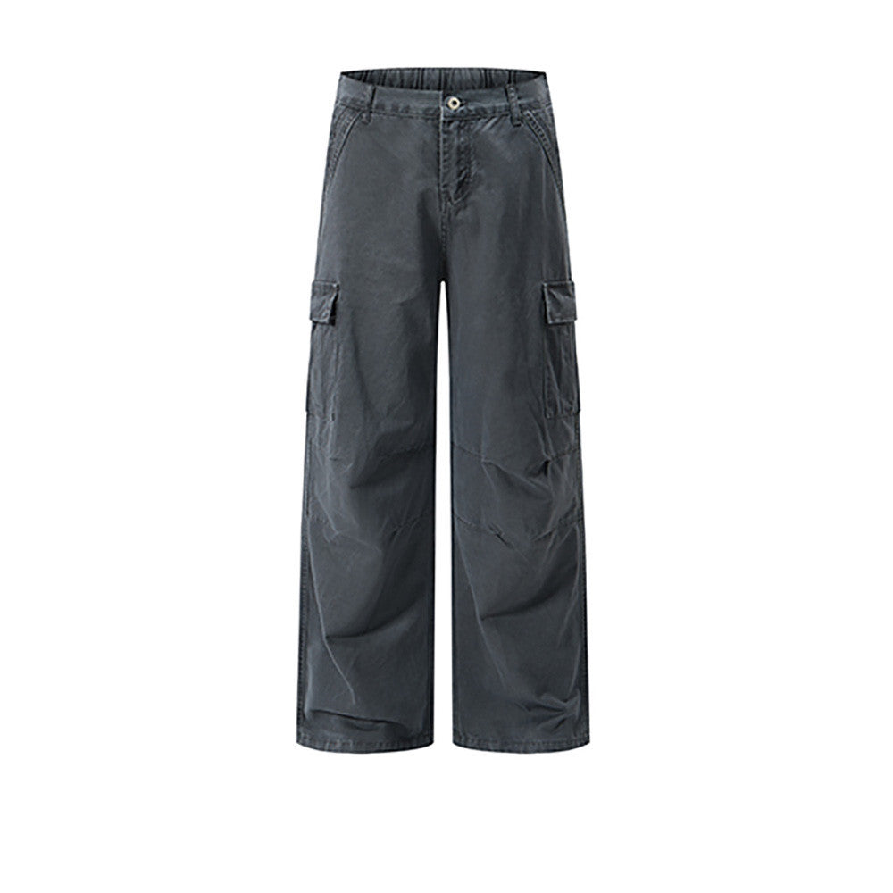 Charcoal gray cargo pants with side pocket flap, front view