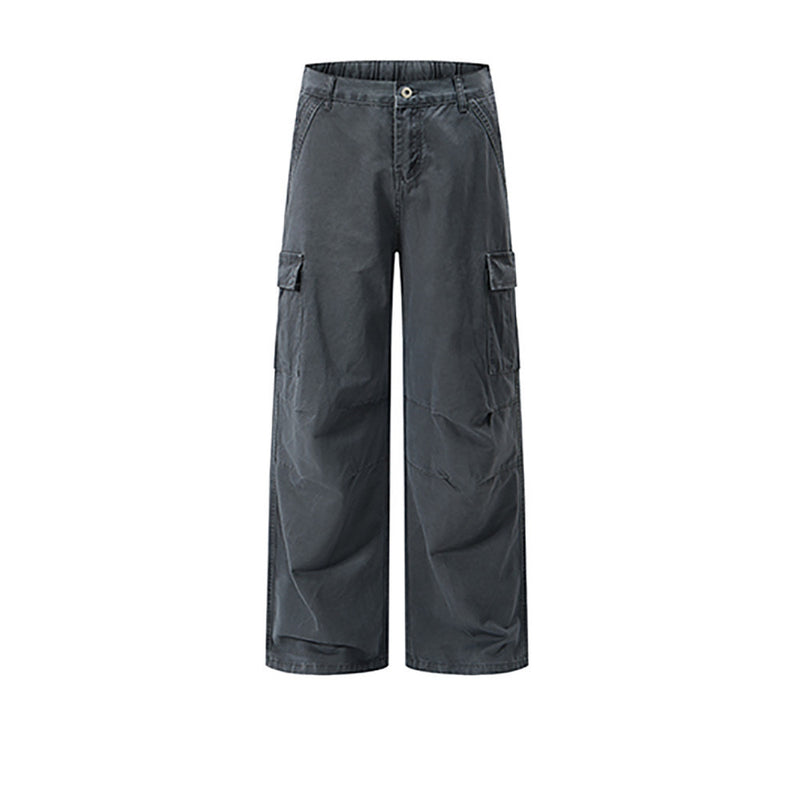 Charcoal gray cargo pants with side pocket flap, front view