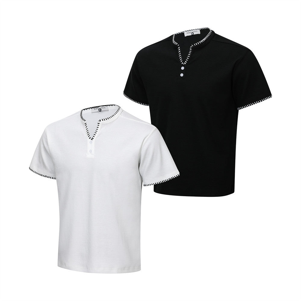 Men's Henley V-Neck Short Sleeve T-Shirt with Contrast Stitch Detail