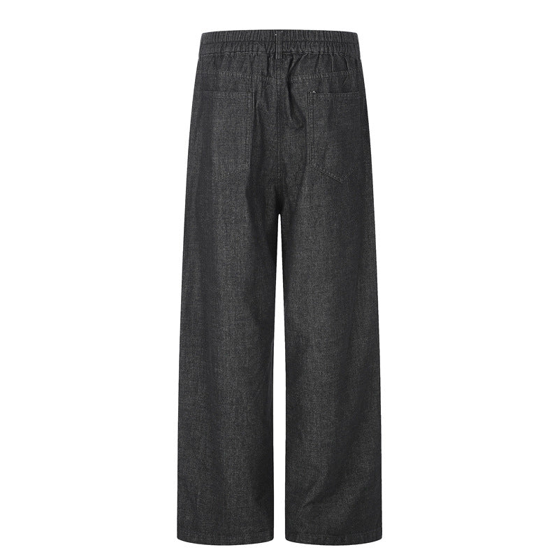 Wide-Leg Straight Casual Pants for Men — Relaxed Fit Pleated Denim Trousers