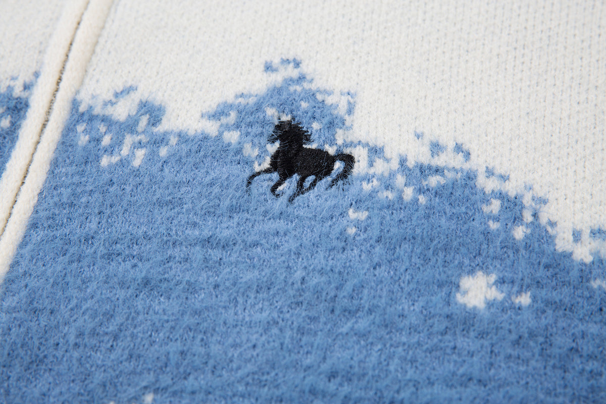 Abstract Stripe Zip-Up Knit Cardigan Sweater with Horse Logo