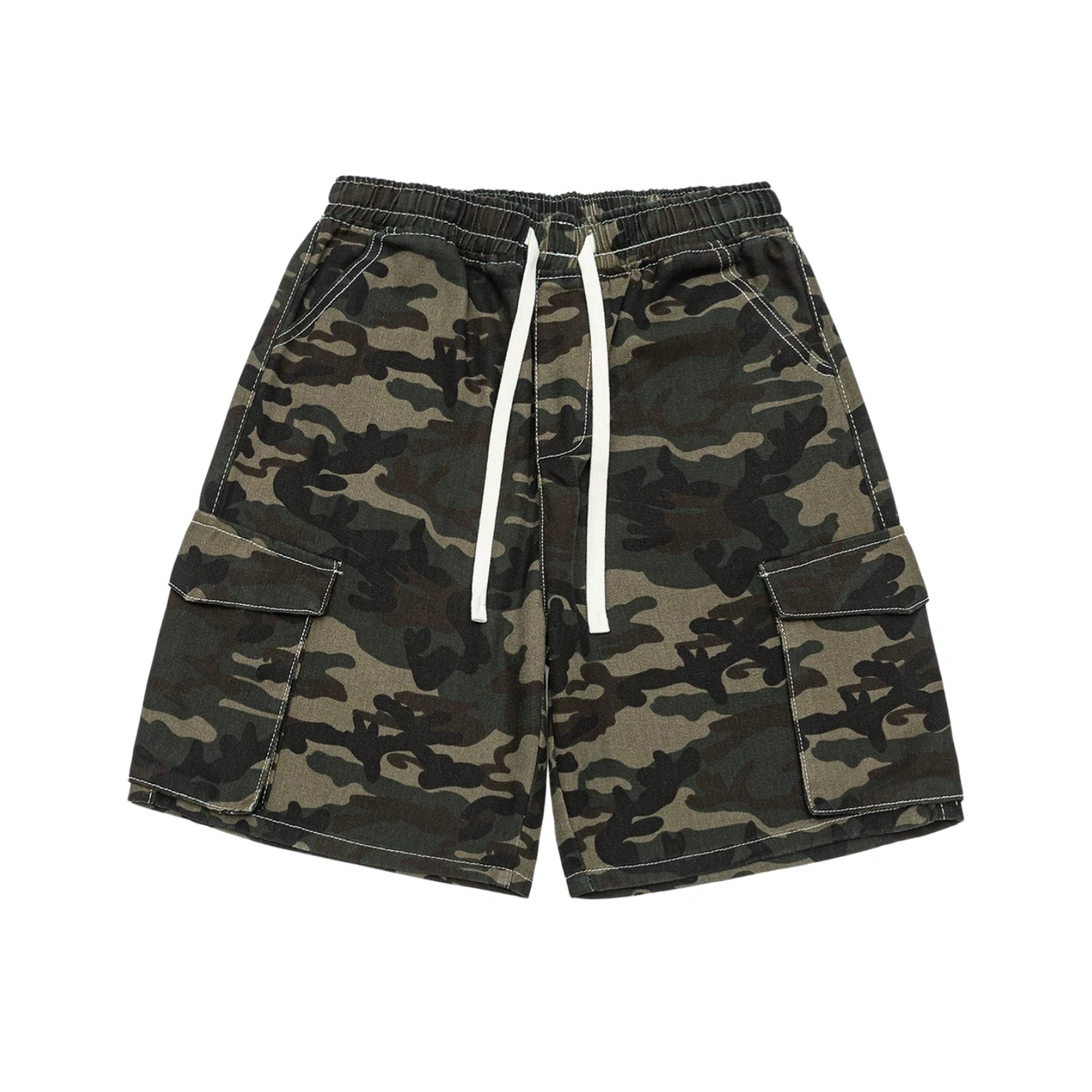 Men's baggy woodland camo cargo shorts with elastic drawstring waist, flap cargo pockets, and white contrast topstitching laid flat on white background