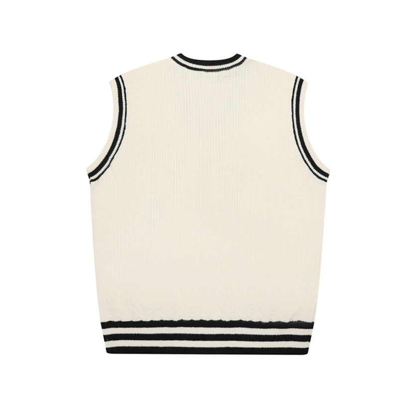 V-Neck Cable Knit Sweater Vest with Music Note Embroidery & Striped Tie Detail