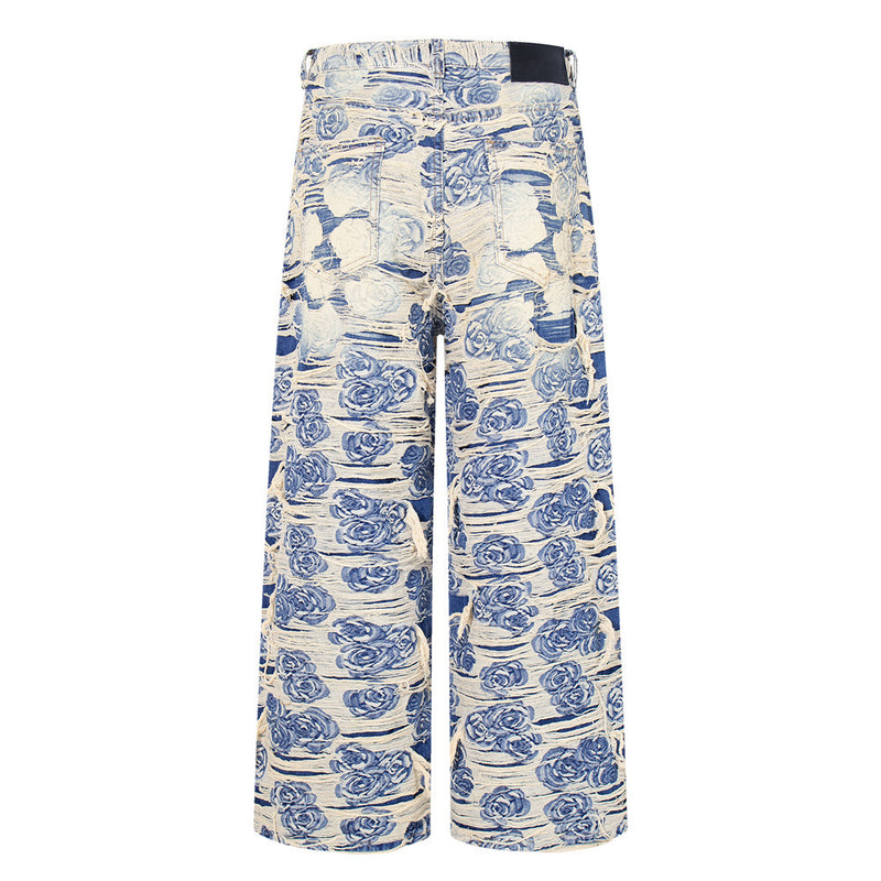 Rose Jacquard Distressed Wide-Leg Jeans – Blue Floral Fringe Denim