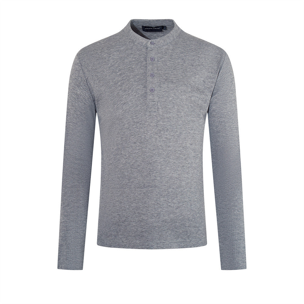 Men's slim-fit long sleeve henley shirt with stand collar and button placket in light grey and dark grey