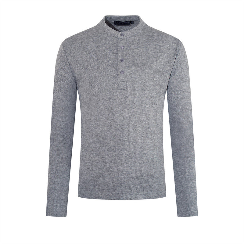 Men's slim-fit long sleeve henley shirt with stand collar and button placket in light grey and dark grey