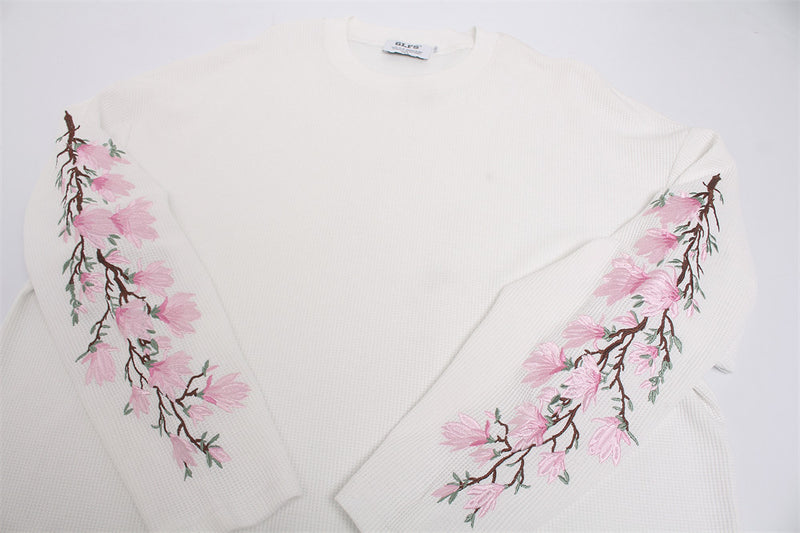 Mens Embroidered T Shirt – Floral Cherry Blossom Long Sleeve Crew Neck