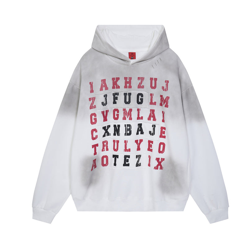 Letter Grid Oversized Hoodie – Acid-Washed Distressed Streetwear Pullover