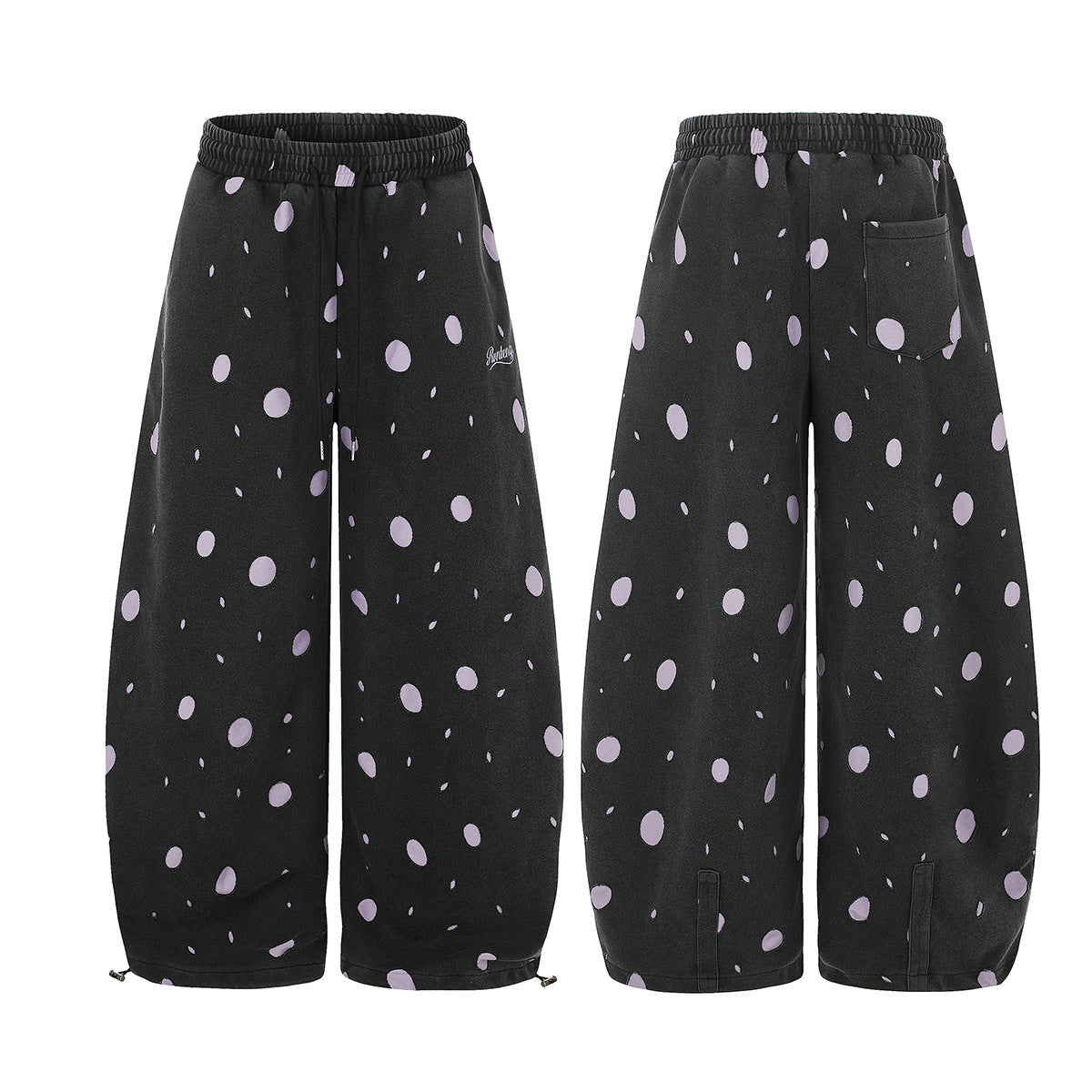 Wide-Leg Sweatpants Black Polka Dot Print Elastic Waist Drawstring