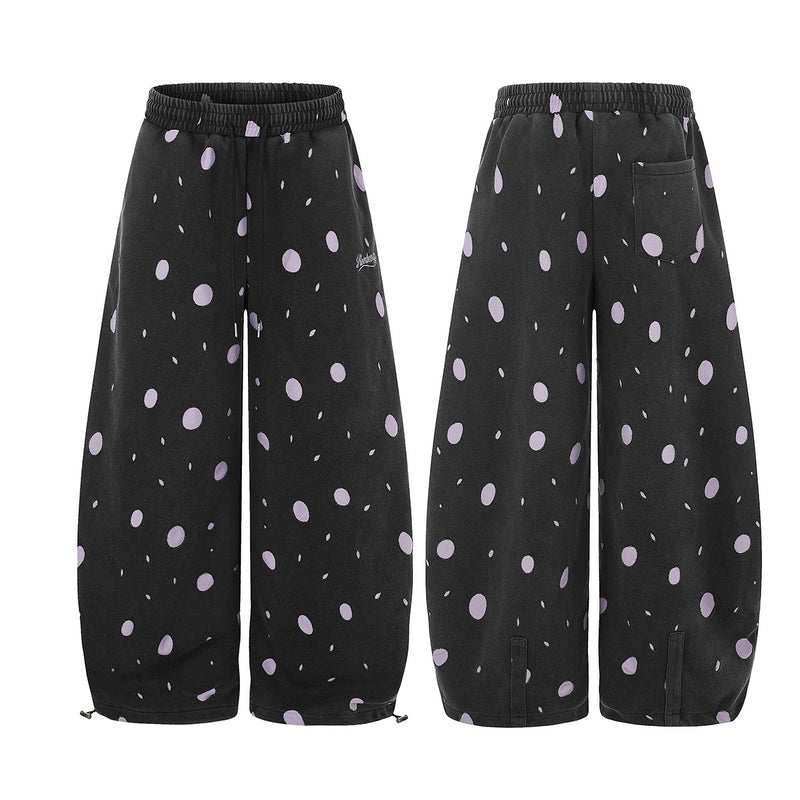 Wide-Leg Sweatpants Black Polka Dot Print Elastic Waist Drawstring