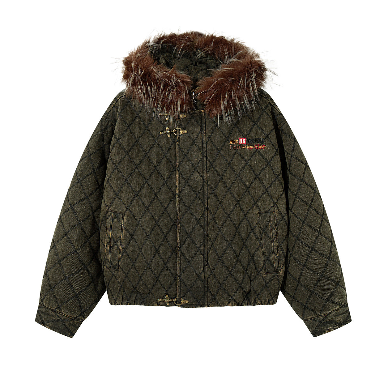 Oversized diamond quilted puffer jacket with brown faux fur hood in army green washed finish, front and back view
