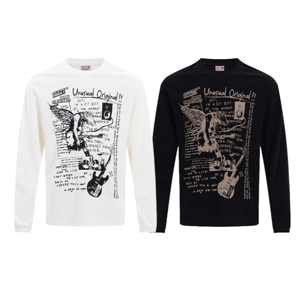 Rock Guitar Graphic Long-Sleeve T-Shirt – Relaxed Fit Crew Neck