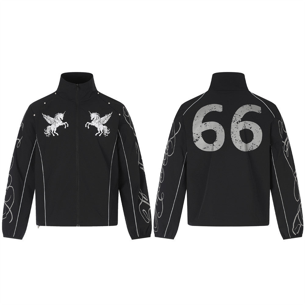 Veste de survêtement noire avec imprimé licorne ailée et motif graphique numéro 66