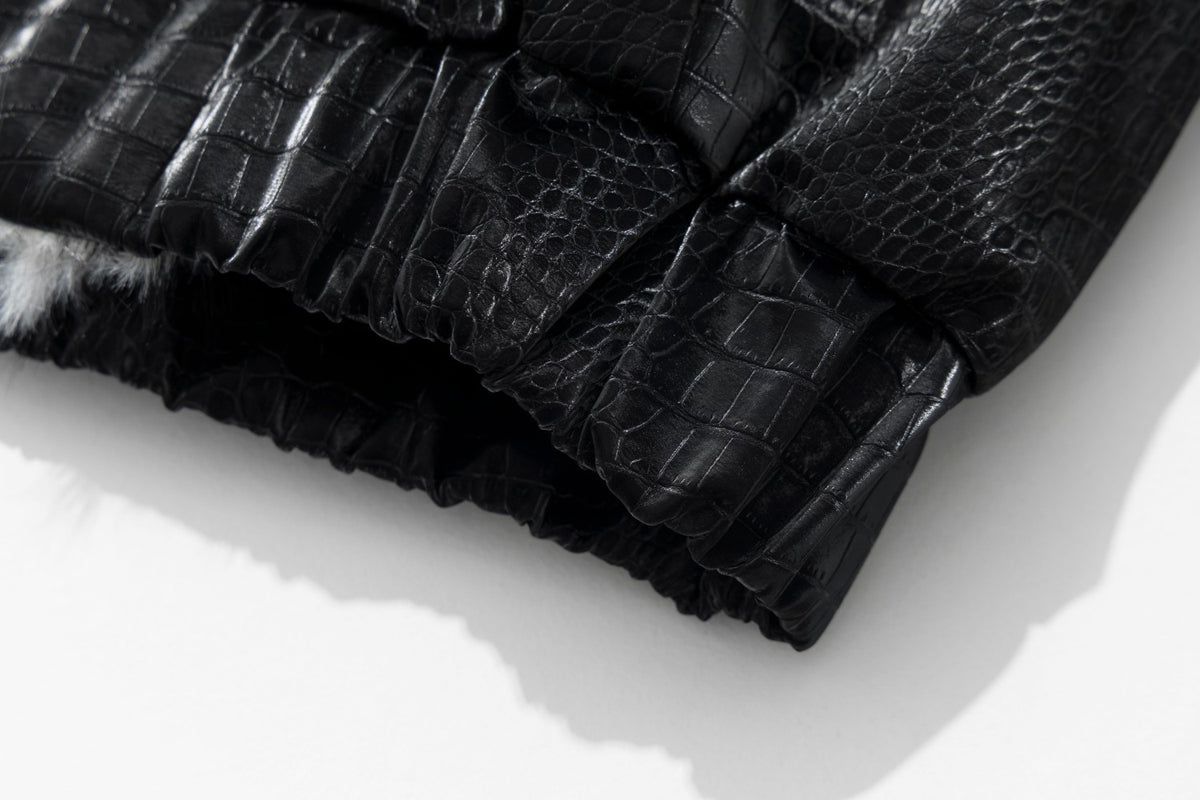 Croc-Embossed Faux Leather Bomber Jacket with Fur Collar