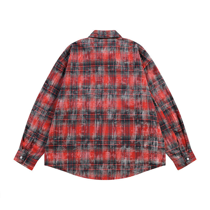 Long Sleeve Button Shirt – Plaid Patchwork Graphic Print Oversized Flannel