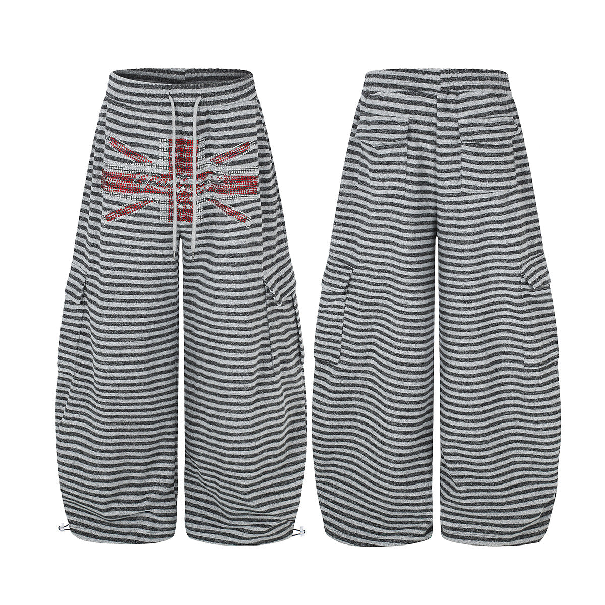 Wide-Leg Striped Sweatpants with Union Jack Rhinestone Detail
