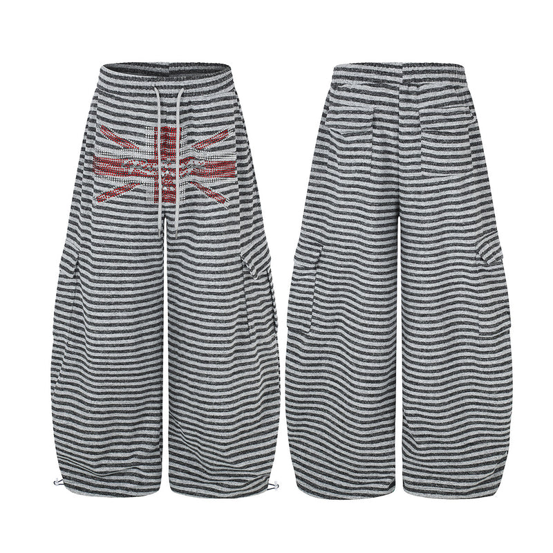 Wide-Leg Striped Sweatpants with Union Jack Rhinestone Detail