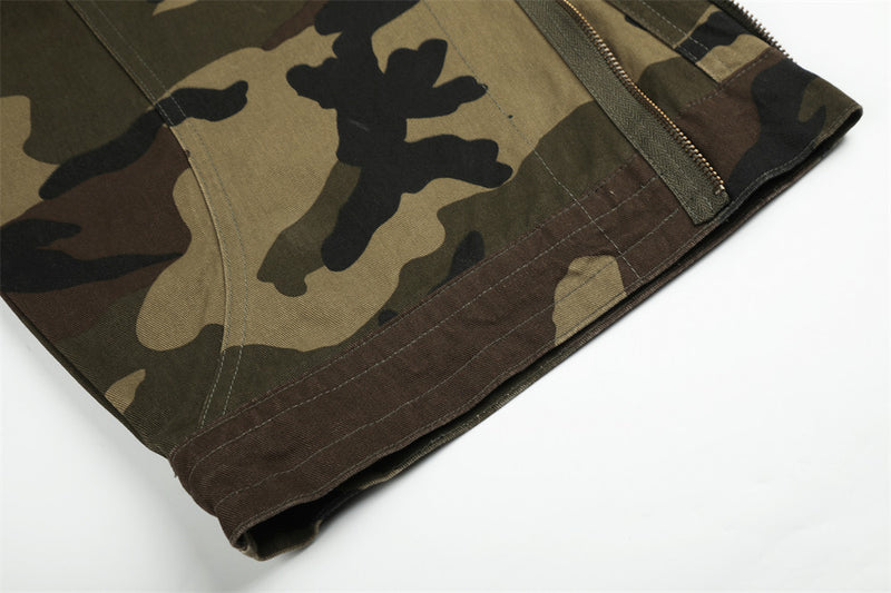 Camo Cargo Pants Wide-Leg Multi-Pocket Zip-Hem Trousers
