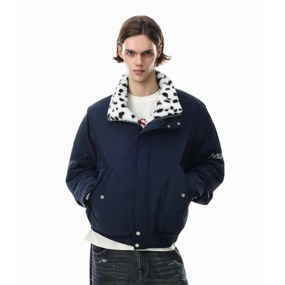 Reversible Stand-Collar Jacket Men's Dalmatian Faux Fur & Nylon Oversized Bomber