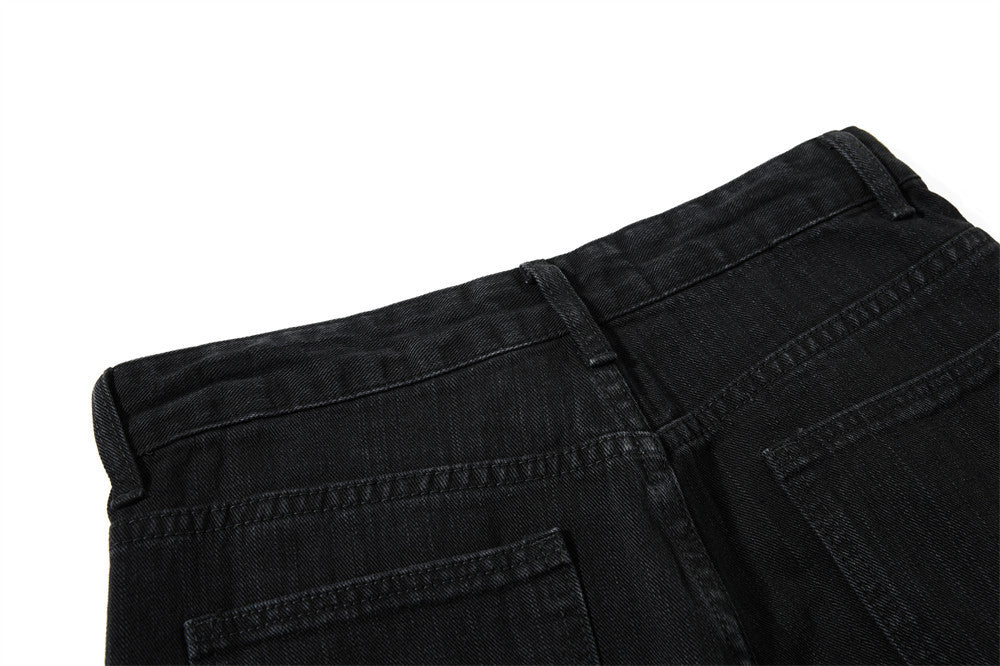Wide-Leg Jeans Men – Washed Denim, Rhinestone Cross & Paint Splatter Detail