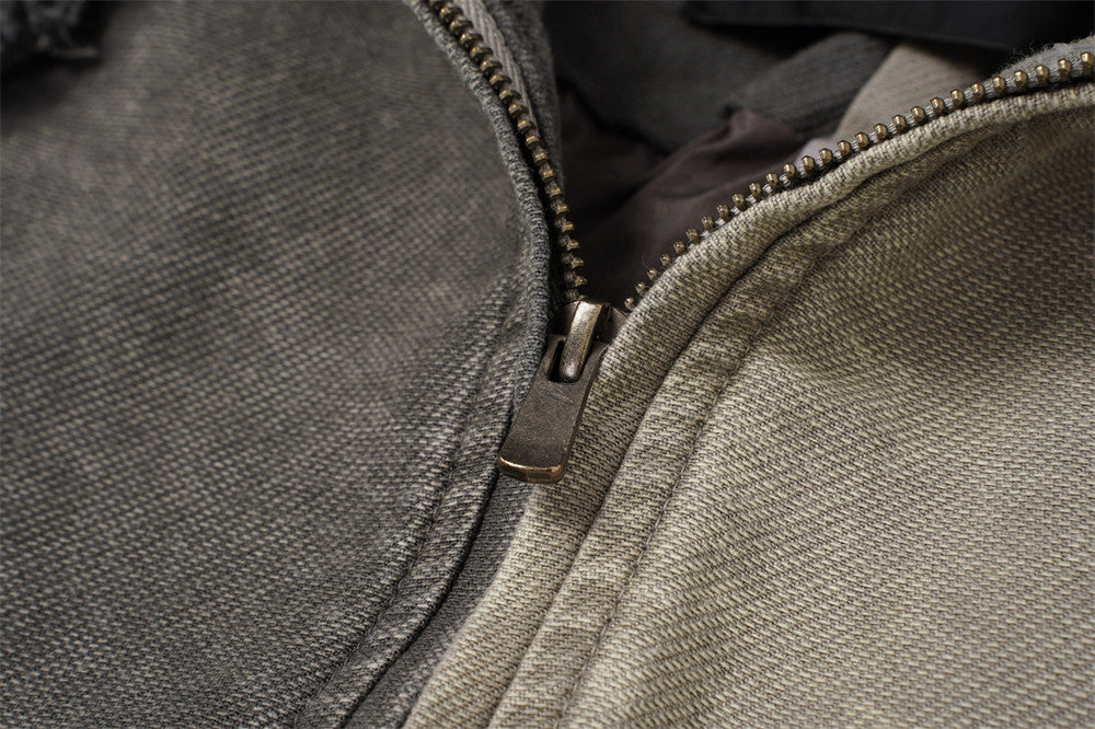 Veste à capuche zippée en patchwork délavé à l'acide – Bomber oversize bicolore à coutures effilochées