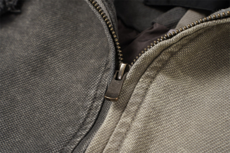 Veste à capuche zippée en patchwork délavé à l'acide – Bomber oversize bicolore à coutures effilochées
