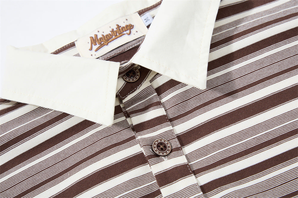 Striped Faux Two-Piece Polo Shirt – Relaxed Fit Long Sleeve with Contrast Woven