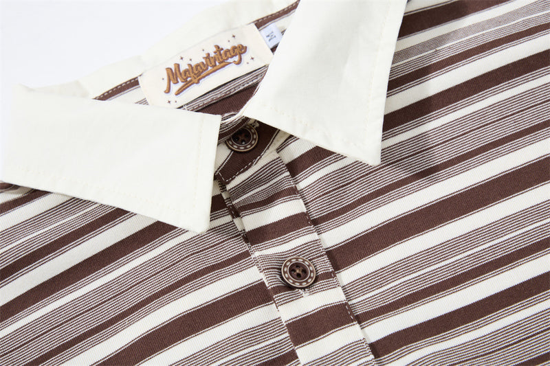 Striped Faux Two-Piece Polo Shirt – Relaxed Fit Long Sleeve with Contrast Woven
