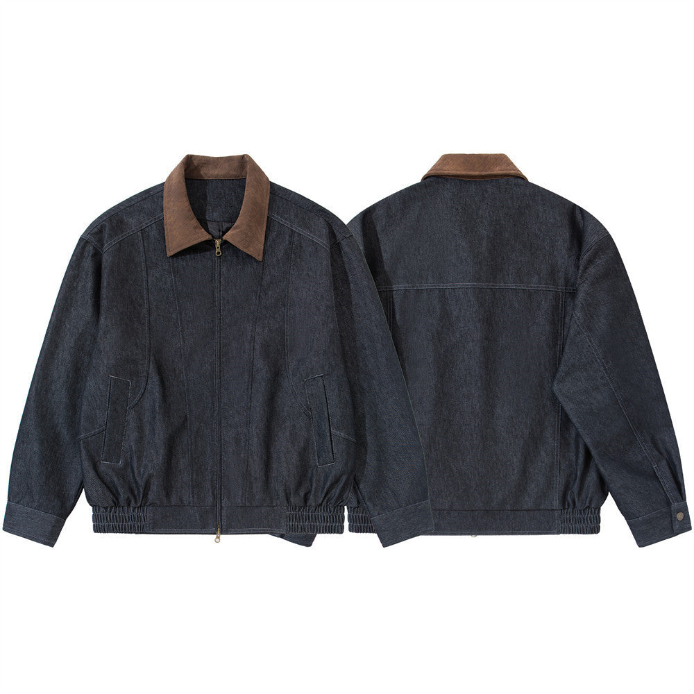 Mens Black Denim Jacket with Contrast Brown Collar & Dual Zip Closure