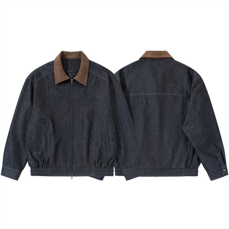 Mens Black Denim Jacket with Contrast Brown Collar & Dual Zip Closure