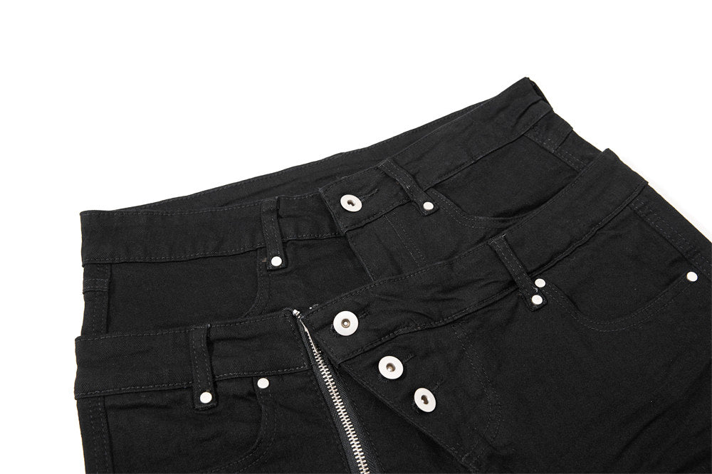 Men's Black Double Waistband Bell Bottom Flare Jeans with Diagonal Zipper