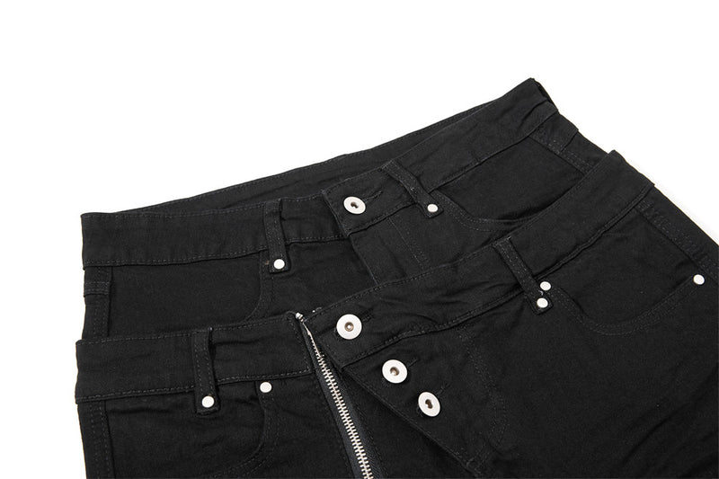 Men's Black Double Waistband Bell Bottom Flare Jeans with Diagonal Zipper