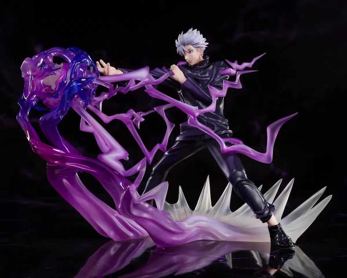 The Jujutsu Kaisen Satoru Gojo 1/7 scale PVC figure captures the character in a dynamic pose with spiky white hair and black attire. Swirling purple energy and translucent spikes surround this 18 cm action figure, set against a dark background.