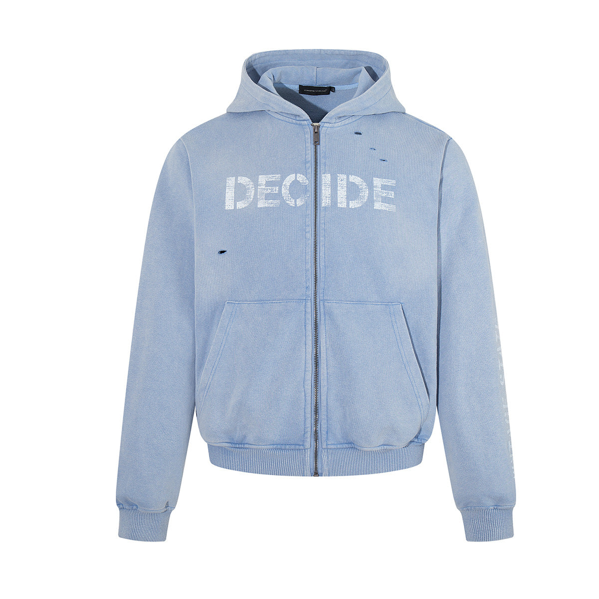 Oversized full-zip hoodie in washed blue with distressed Decide chest graphic and Vintage State of Mind sleeve print