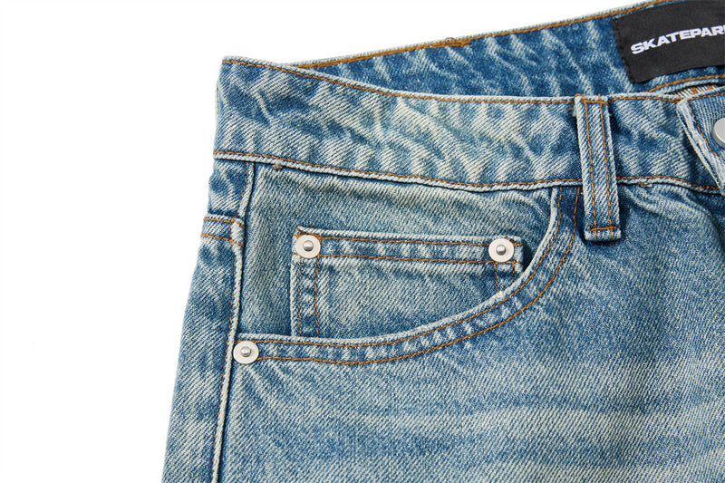 Men's Straight Fit Jeans Baggy Wide-Leg Washed Vintage Light Blue Denim
