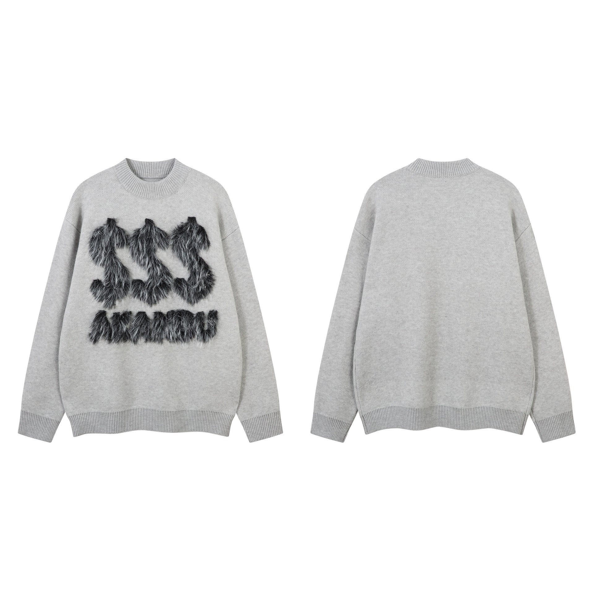 Pull gris à col rond – Maille oversize avec motif en fausse fourrure