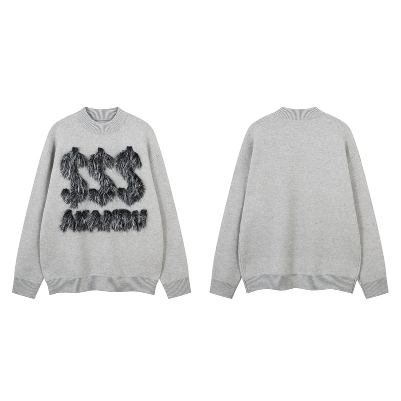 Pull gris à col rond – Maille oversize avec motif en fausse fourrure