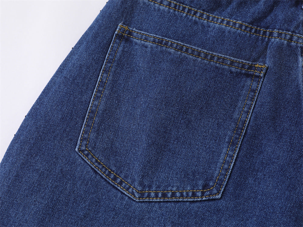 Wide-Leg Denim Shorts with Allover Rhinestone Detail – Men's Cropped Jean Shorts
