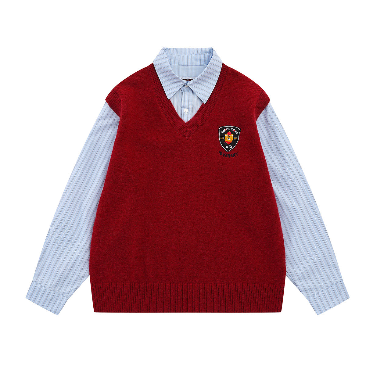 Campus-Style Knit Sweater Vest Layered Shirt with Badge Patch and Striped Tie