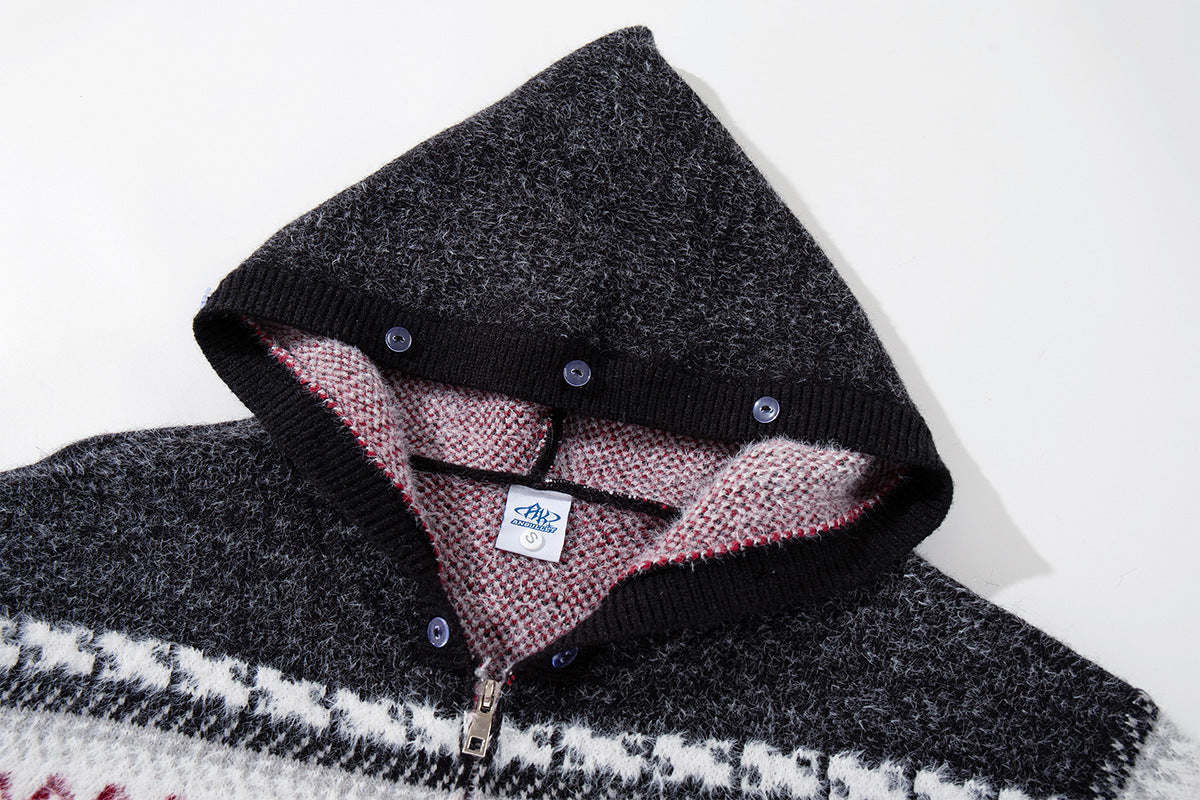Paisley Fair Isle Knit Zip-Up Hoodie with Faux Fur Trim