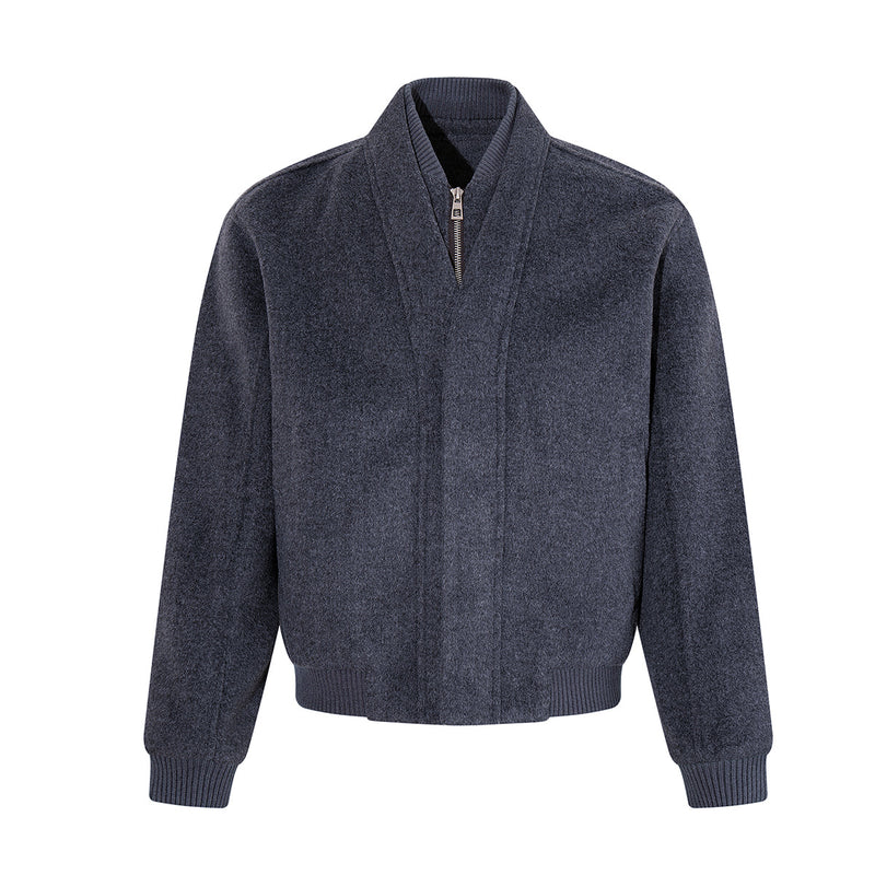 Wool Blend Bomber Jacket – Double-Layer Collar, Zip-Up Men's Coat