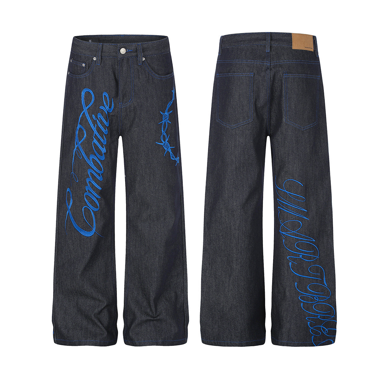 Jean baggy à jambes larges avec broderie bleue effet script et fil barbelé