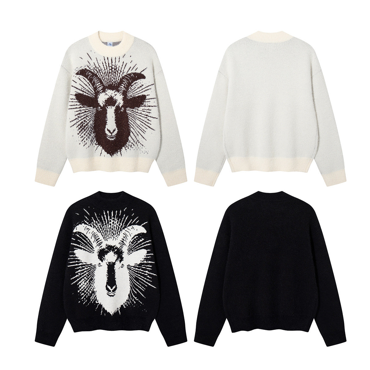Ram Jacquard Crew Neck Knit Sweater – Oversized Streetwear Pullover