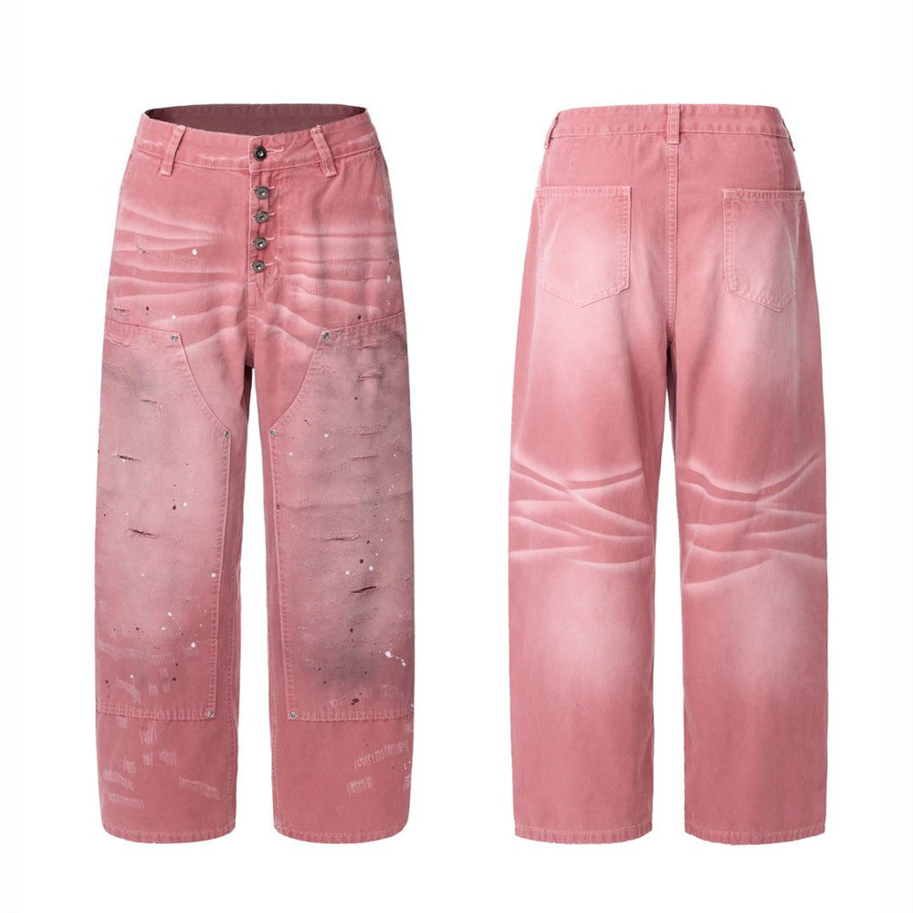 Rosa Wide-Leg-Canvas-Hose mit Destroyed-Details – Paint-Splatter-Workwear-Jeans