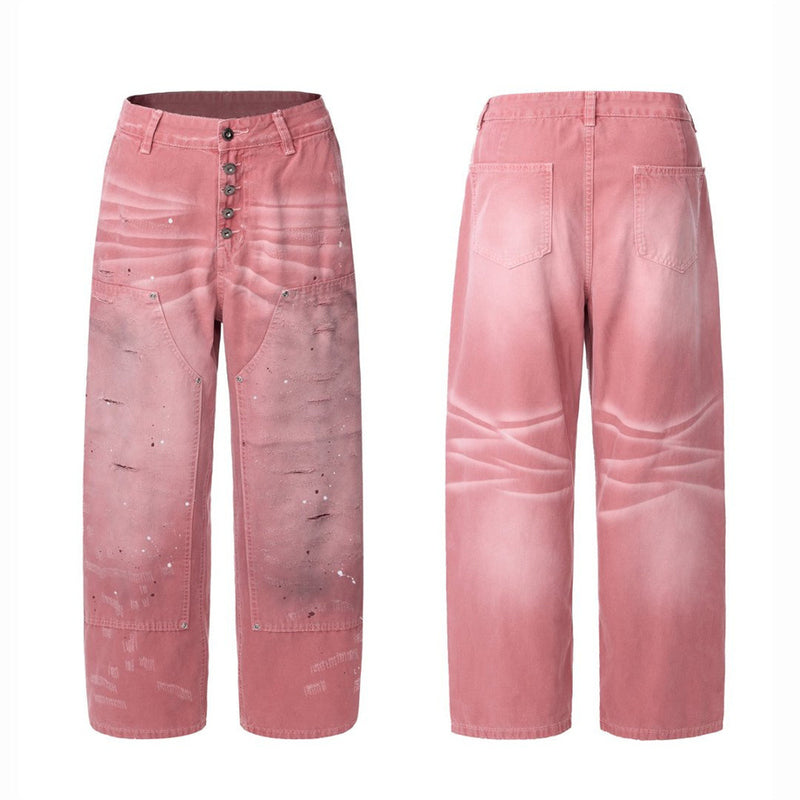 Rosa Wide-Leg-Canvas-Hose mit Destroyed-Details – Paint-Splatter-Workwear-Jeans