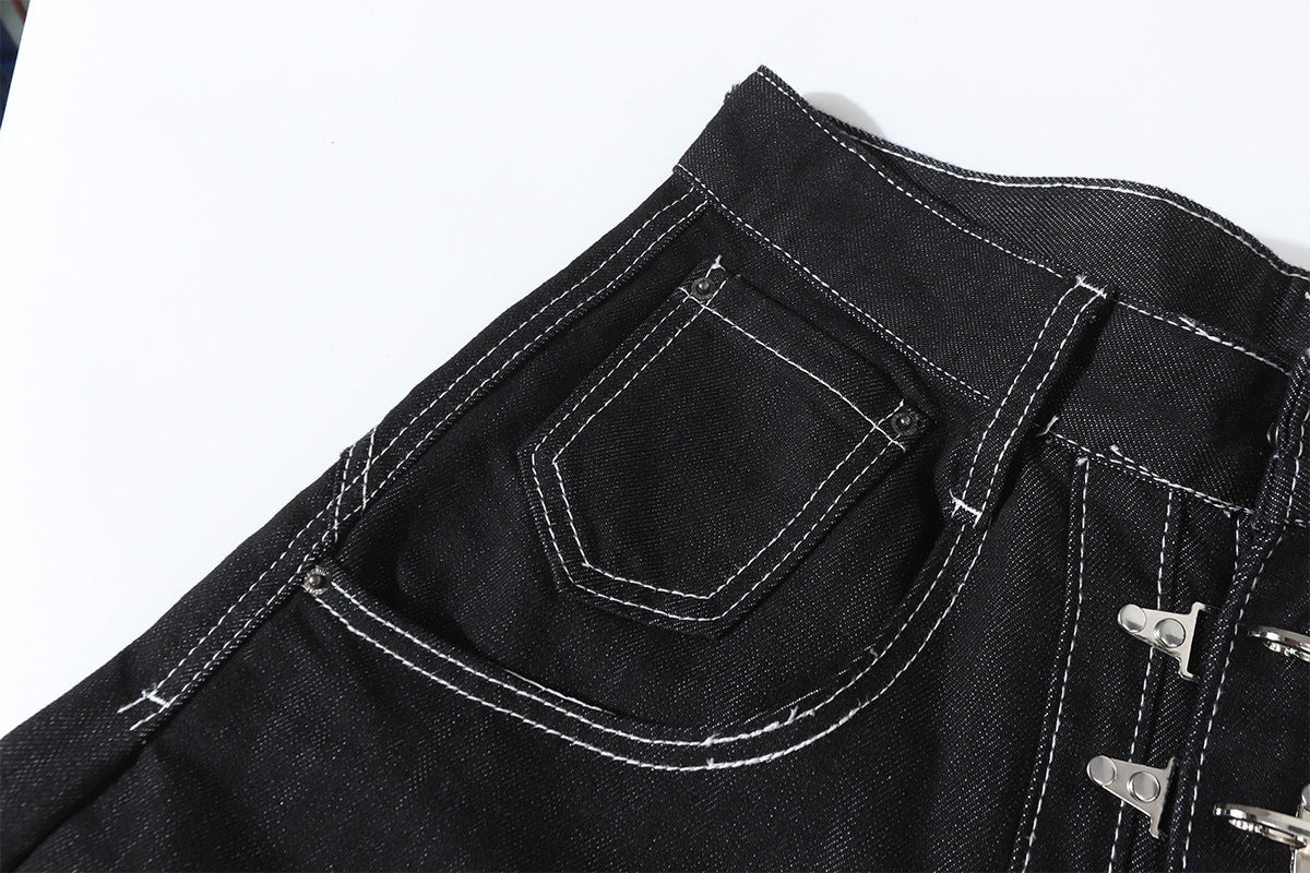 Wide-Leg Baggy Black Jeans with Safety Pin Closures – Streetwear Barrel Fit